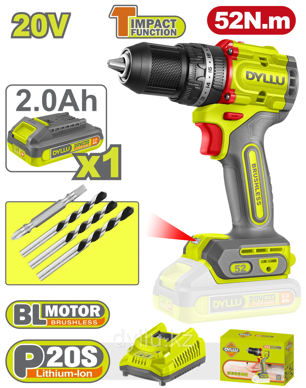 Бесщеточная Аккумуляторная Ударная Дрель-Шуруповерт 20V (52Нм)
