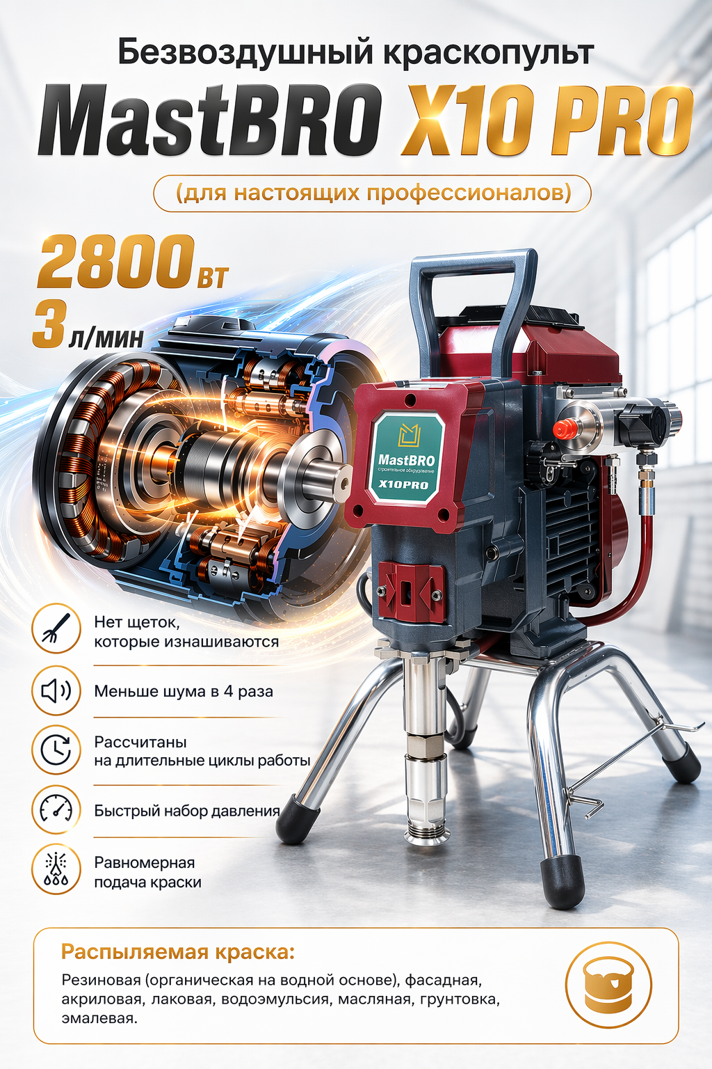 Безвоздушный распылитель X10 Pro | Краскопульт бесшумный